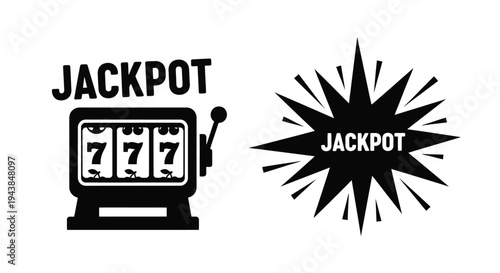 Black and white illustration of a jackpot slot machine and starburst