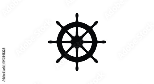 A simple black silhouette of a ship s steering wheel on a white background