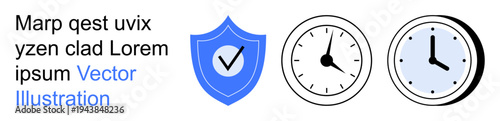 Security, time tracking, accountability, punctuality, scheduling, protection. Blue shield with a checkmark, two analog clocks. Security and time tracking concepts visually