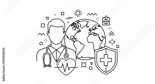 Medical professional with stethoscope and heart rate line around the world with a shield and cross symbol for health protection and safety