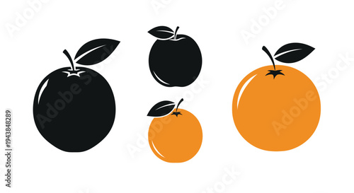 Apples and oranges in varying colors and sizes depicted as vector graphics