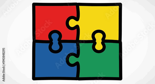 Colorful puzzle pieces fitting together in a square shape on a light gray background