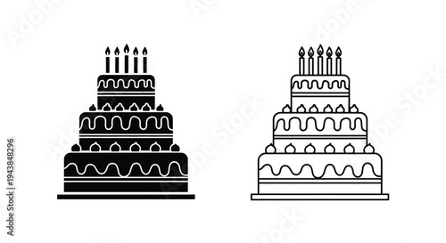 Two black and white illustrations of a tiered birthday cake with candles