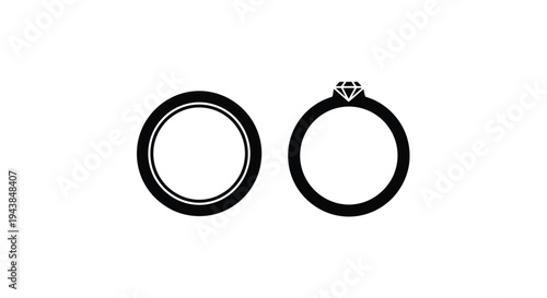 Simple black and white illustration of a wedding ring and engagement ring