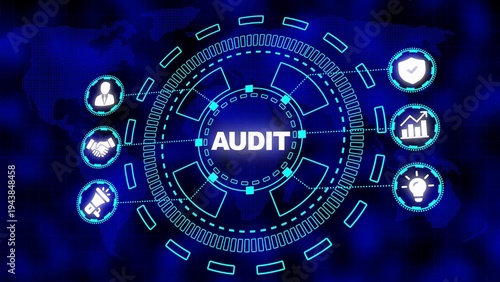 Digital Futuristic HUD Interface with the word AUDIT at the center and business icons audit