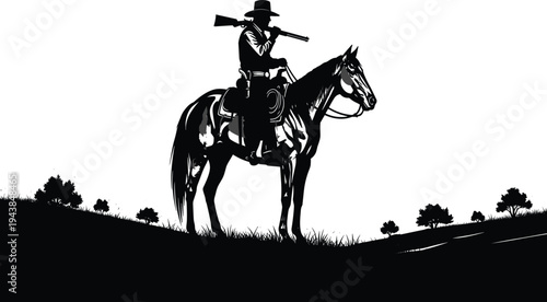 Cowboy Silhouette Riding Horse with Rifle, Western Outlaw Scene in Desert Landscape, American Frontier Vector Art for Wild West Design Projects