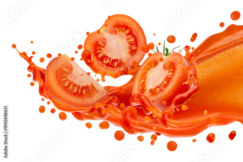 Foto Flow of bright red fresh tomato juice pour in air with flying pulpy tomatoes, dynamic splashes, drops, isolated