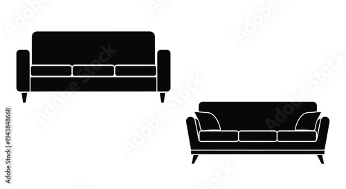 Two black silhouette sofas one with and without cushions isolated on white