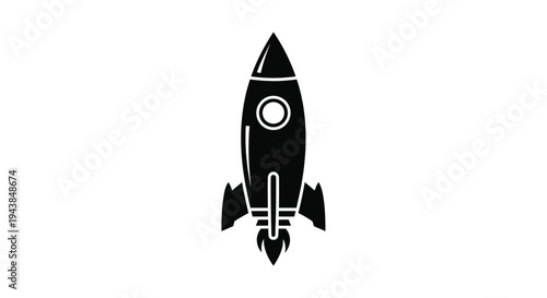 Simple black silhouette of a rocket ship against a white background