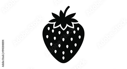A simple black silhouette illustration of a ripe strawberry with leaves