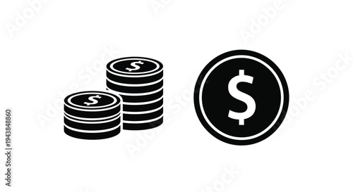 Black and white illustration of stacked coins and a single coin