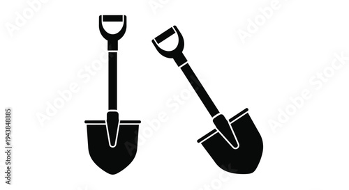 Two black silhouettes of garden shovels against a white background