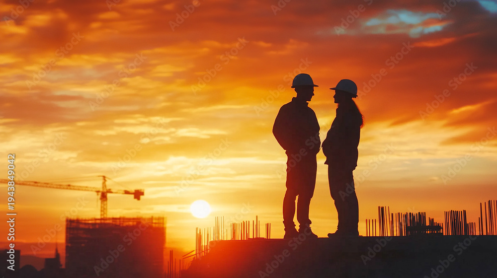Fototapeta premium Silhouette of two engineers in hard hats talking at construction site during dramatic sunset. Concept of industrial partnership, project planning and urban development