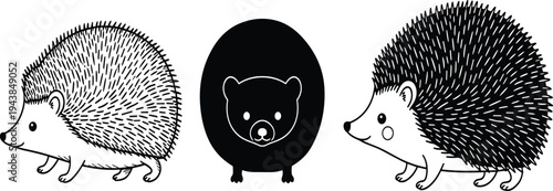 Cute Hedgehog and Bear Cub Character Set Featuring Black and White Line Art and Silhouette for Kids Nature Graphic Design