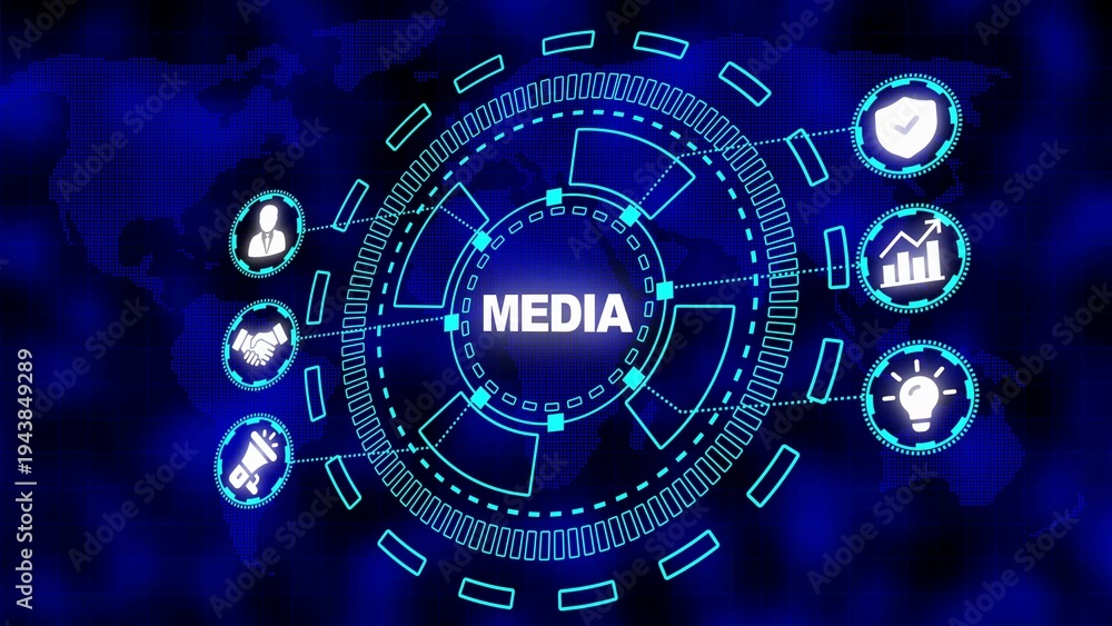 Obraz premium Digital Media Network Hub with Icons Representing Business and Communication Concepts technology