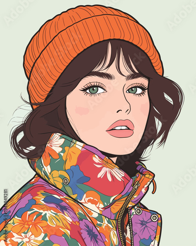 A young woman stands with a floral jacket and orange beanie. She looks directly ahead with soft makeup and a confident expression.