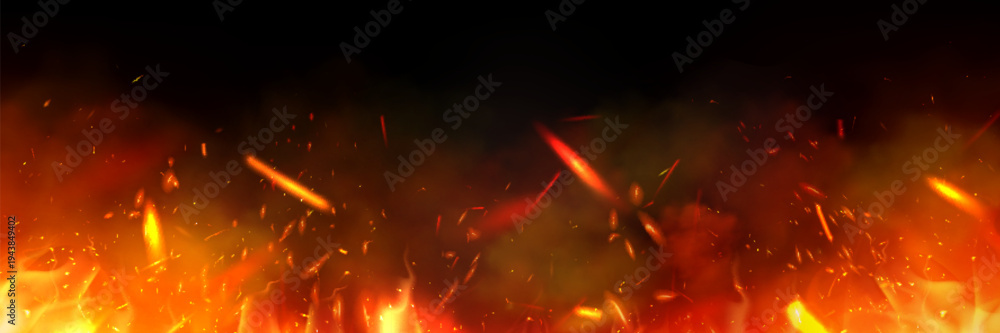 Naklejka premium Realistic fire flames with glowing sparks and smoke effect on black background. Vector illustration of fiery orange and red burning embers, dramatic heat overlay