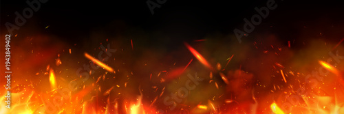 Realistic fire flames with glowing sparks and smoke effect on black background. Vector illustration of fiery orange and red burning embers, dramatic heat overlay