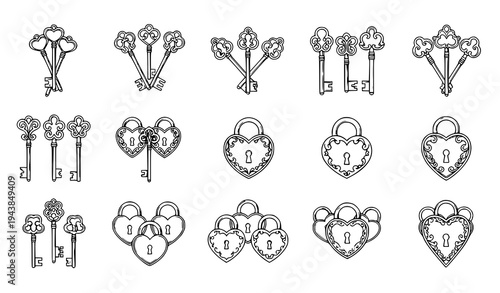 Ornate skeleton key and heart padlock icon pack vector for romantic vintage design