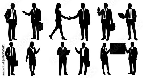 Businesspeople silhouettes set with various poses and actions in black. featuring professionals, office workers, men