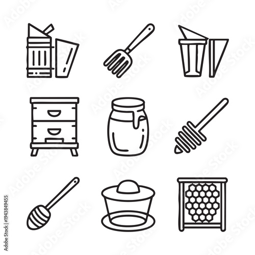 Black and white line of honeycomb, honey jar, honey dipper, and beekeeping tools