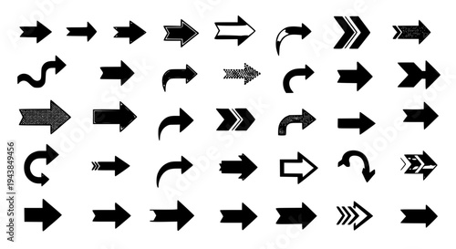 Arrows hand drawn set with black curved lines and pointed tips on white background featuring vector, illustration,