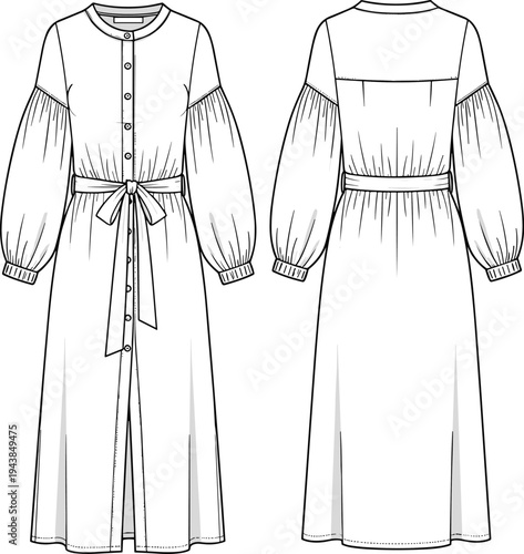 Long sleeve belted dress front and back view, puff sleeves, button down, fashion sketch, technical flat vector illustration