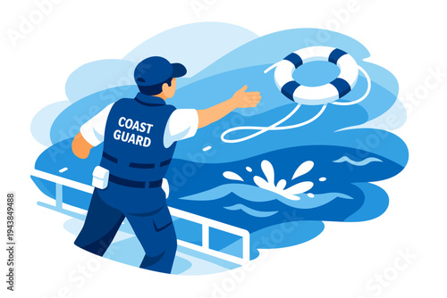 Coast guard member throws life preserver to person in water.