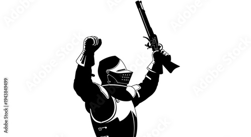Knight in Armor Holding Flintlock Pistol Upwards in Victory Pose