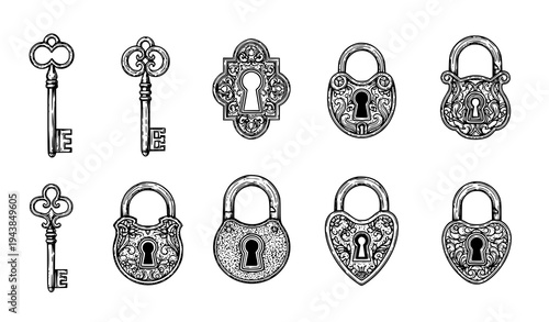 Vintage key and Victorian padlock vector set with keyhole and antique lock illustrations