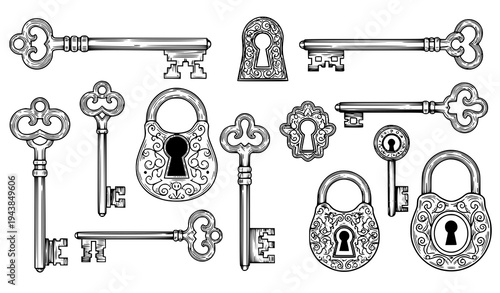 Victorian key and padlock illustration collection with antique keyhole and vintage locks