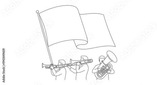Marching Band with Flag and Brass Instruments, Outline Illustration