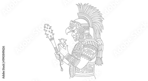 Mayan Warrior with Feathered Headdress and Mace, Ancient Mesoamerican Warrior Icon