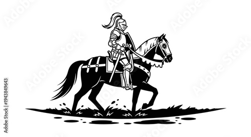 Medieval Knight on Horseback, Black and White Illustration