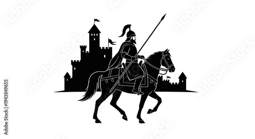 Medieval Knight Warrior Riding Horse Silhouette Castle Background Black and White