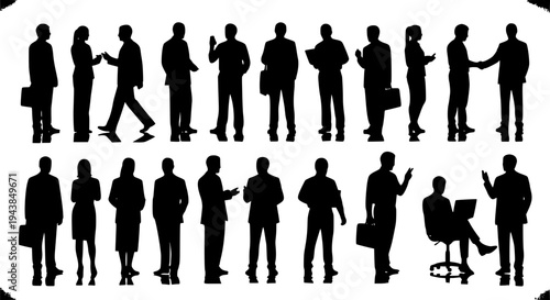 People business silhouettes with various poses and actions in black color featuring office, professionals, workers with