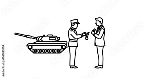 Military Award Ceremony: Soldier Decorates Civilian with Medal Beside Tank