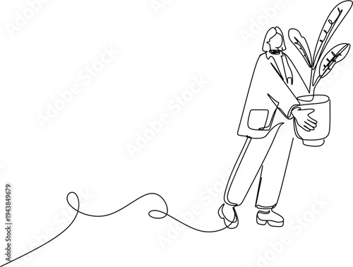 One Line Drawing of Woman Carrying Houseplant Pot Continuous Line Minimalist Art