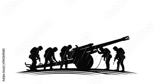 Military Artillery Crew Loading Cannon in Silhouette