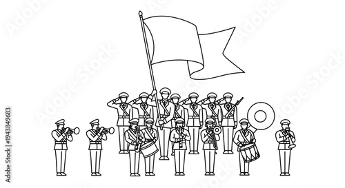 Military Band Marching with Flag and Brass Instruments