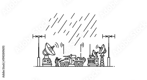 Military communication station with armored vehicle and satellite dishes during heavy rain