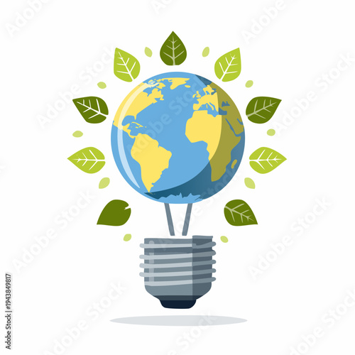 A colorful vector illustration of a globe on a light bulb surrounded by green leaves on a white background, symbolizing Earth Day.