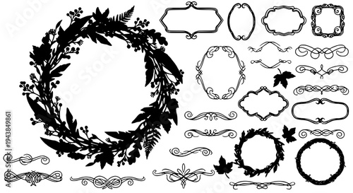 Wreath floral vintage set with black silhouettes and ornate frames, borders, and labels featuring silhouette,