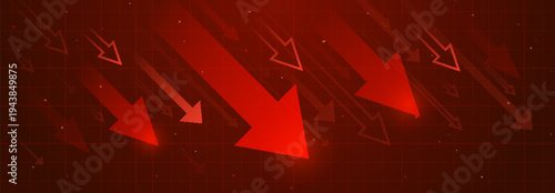 Red neon arrows moving down, financial loss abstract vector background. Modern downward graphic, negative market trend, stock recession metrics, and business decrease concept