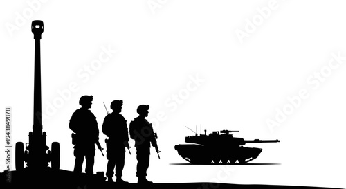Military Silhouette: Soldiers and Tank on Duty
