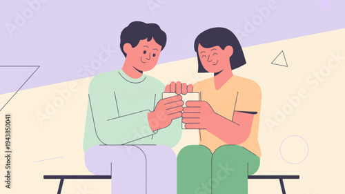 Couple sitting on bench sharing coffee cups in casual outdoor setting with purple sky
