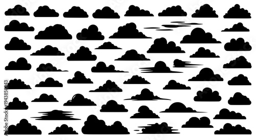 Clouds black silhouette set with various puffy shapes and sizes on white background featuring cloud silhouettes,