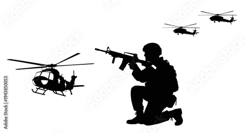 Military Soldier with Rifle and Helicopters Silhouette, Combat Scene, War, Army, Special Forces