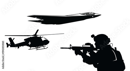 Military Soldier, Helicopter, and Stealth Jet Silhouette - Modern Warfare and Aviation Concept