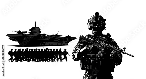 Military Soldier with Rifle, Aircraft Carrier, and Troops Marching